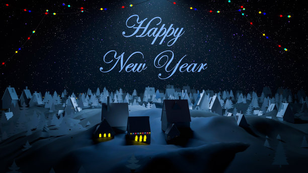 新年快乐。神奇的圣诞村。下雪的夜空。冬季喜庆的蓝色背景。圣诞贺卡。彩色花环。手电筒。3 d演示图片下载