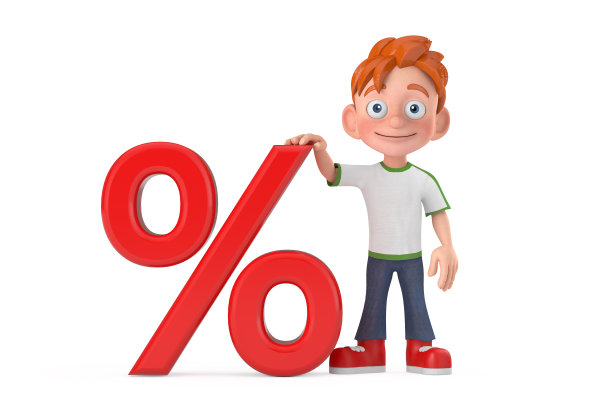 卡通小男孩青少年人物吉祥物与红色零售百分比销售或折扣标志。3d渲染图片下载