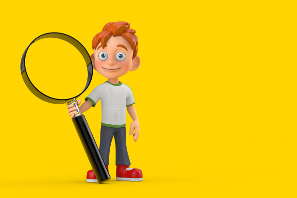 卡通小男孩青少年人物吉祥物与放大镜。3d渲染图片下载