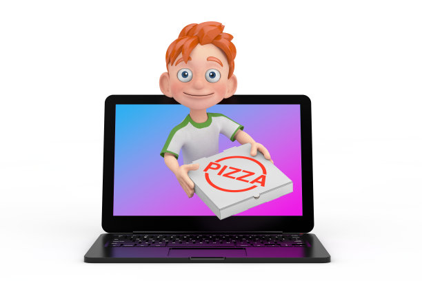 速递披萨的概念。卡通小男孩青少年人物角色吉祥物与送披萨盒通过笔记本电脑屏幕。3d渲染图片下载