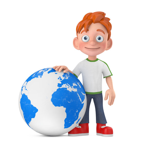 卡通小男孩青少年人物吉祥物与地球地球。3d渲染图片下载