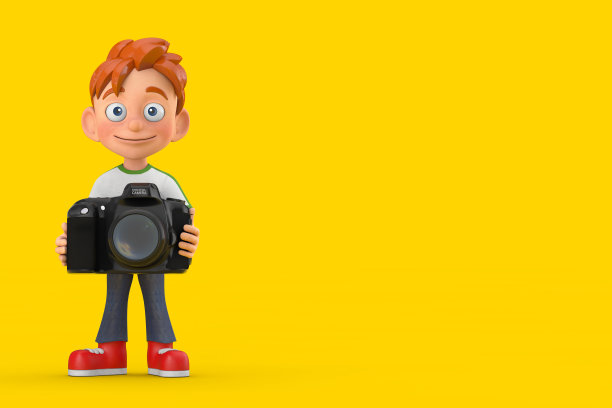 卡通小男孩青少年人物吉祥物与现代数码相机。3d渲染图片下载
