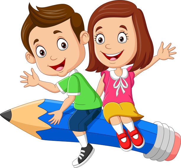 卡通小男孩和小女孩在铅笔上飞翔图片下载