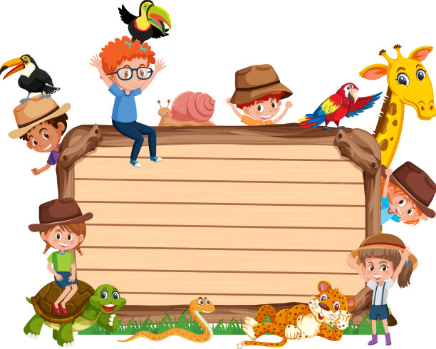 写着孩子和动物园动物的空木板图片下载