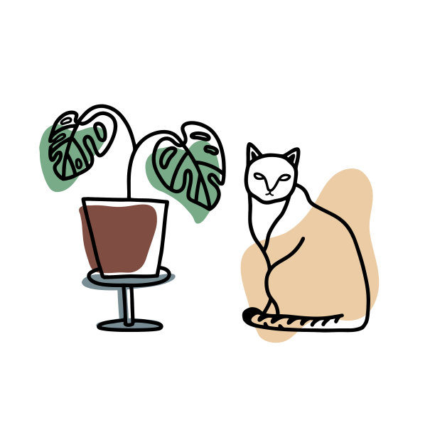 猫和monstera植物线艺术图片下载