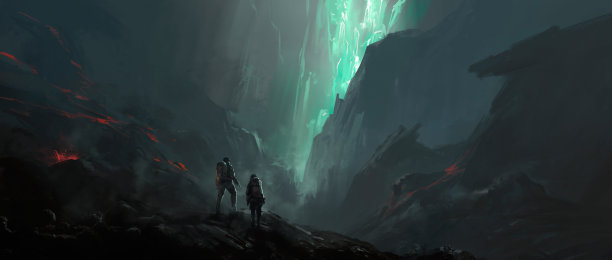 探险家来到了一个幽灵般的环境，有钻石，3D插图。图片下载