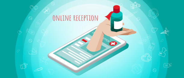 医学和保健的概念。与医生在线会面，风格平平的。药品，医生的手和手机在彩色的抽象背景。图片下载