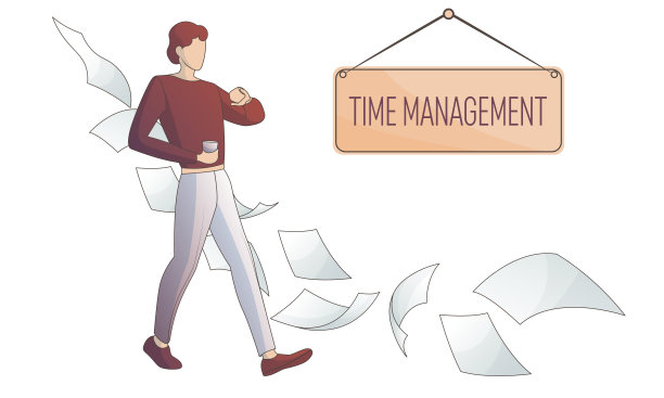 矢量插图的人看手表，飞行的纸张，铭牌。图片下载