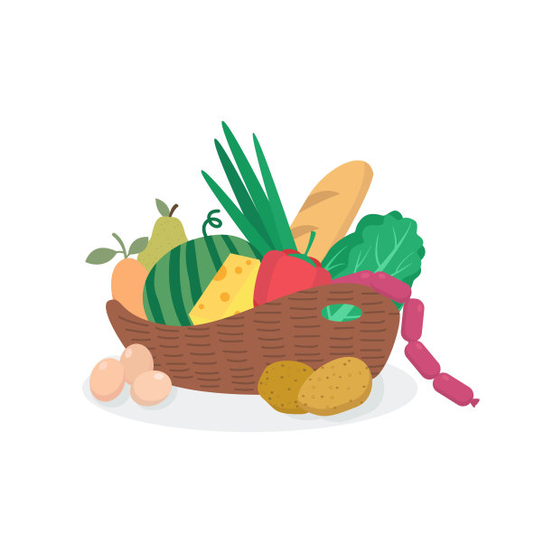 柳条篮子与各种食物。图片下载