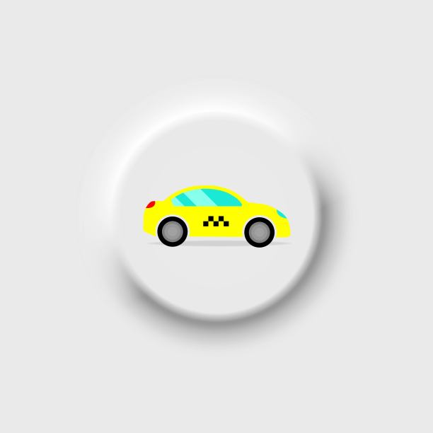 黄色轿车配出租车标志或载运服务车辆彩色图标。新生变形按钮。平面孤立的符号:插图，标志，应用程序，徽标，设计，web，开发，网站，ui, gui，用户体验。向量EPS 10图片下载