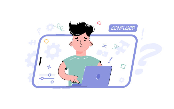 混乱的主题。困惑的男孩在电脑前工作。元素的介绍，应用程序和网站的设计。趋势图。图片下载