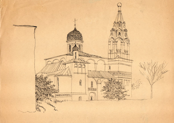 Сhurch是古代俄罗斯风格，有洋葱圆顶和带斜屋顶的钟楼图片下载