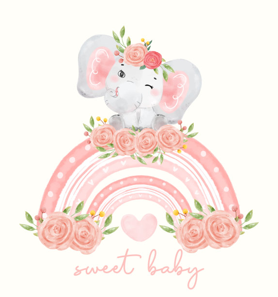 可爱的水彩宝宝大象女孩坐在粉红色的花朵彩虹，幼儿园孩子动物手绘插图矢量图片下载