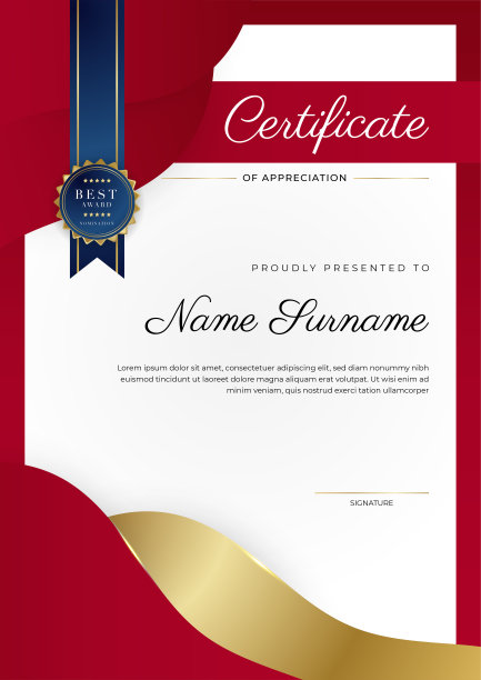 红色、金色豪华奖状模板，多用途奖状边饰徽章设计。优雅的红色和金色毕业证模板图片下载