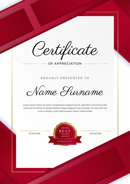 红色、金色豪华奖状模板，多用途奖状边饰徽章设计。优雅的红色和金色毕业证模板图片下载