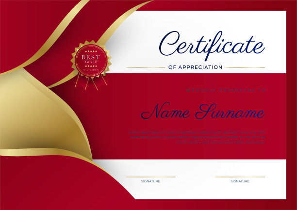红色、金色豪华奖状模板，多用途奖状边饰徽章设计。优雅的红色和金色毕业证模板图片下载