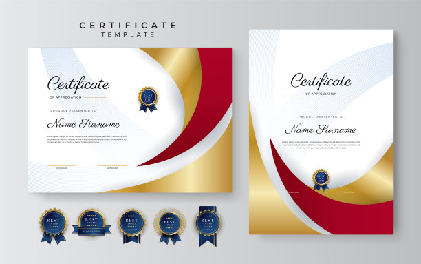红色、金色豪华奖状模板，多用途奖状边饰徽章设计。优雅的红色和金色毕业证模板图片下载