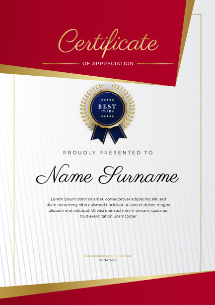 红色、金色豪华奖状模板，多用途奖状边饰徽章设计。优雅的红色和金色毕业证模板图片下载