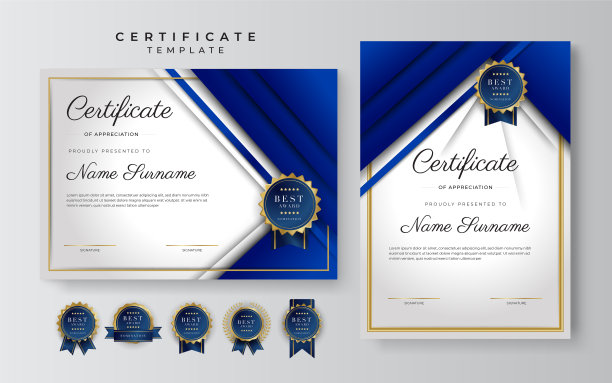 蓝色和黄金证书的成就边界模板与豪华徽章和现代线模式。为了奖励、商业和教育需求图片下载