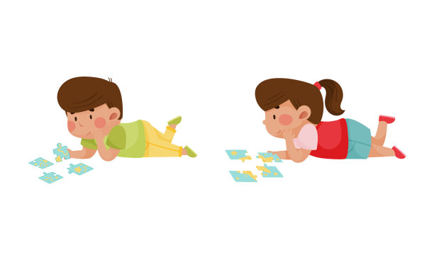 小男孩和小女孩在玩拼图游戏图片下载