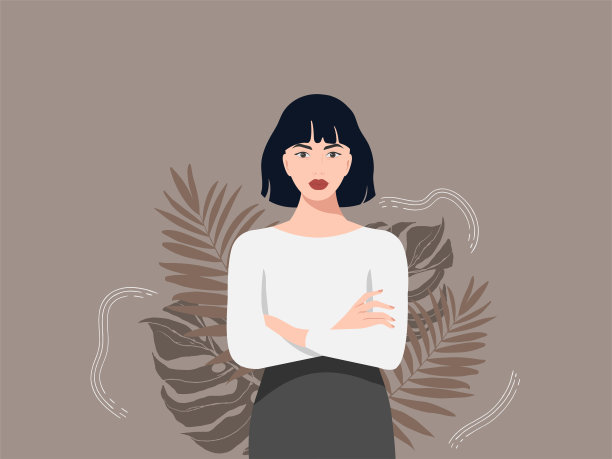 商务女性西装，衬衫和裙子，在热带棕色背景摆姿势。现实主义风格的美丽成功的女孩。图片下载