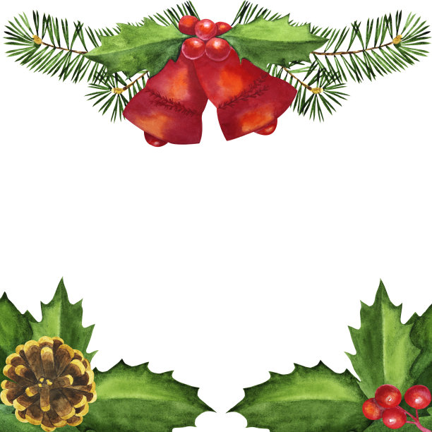 水彩边框与钟，松枝，冬青叶，红色浆果和松果。图片下载