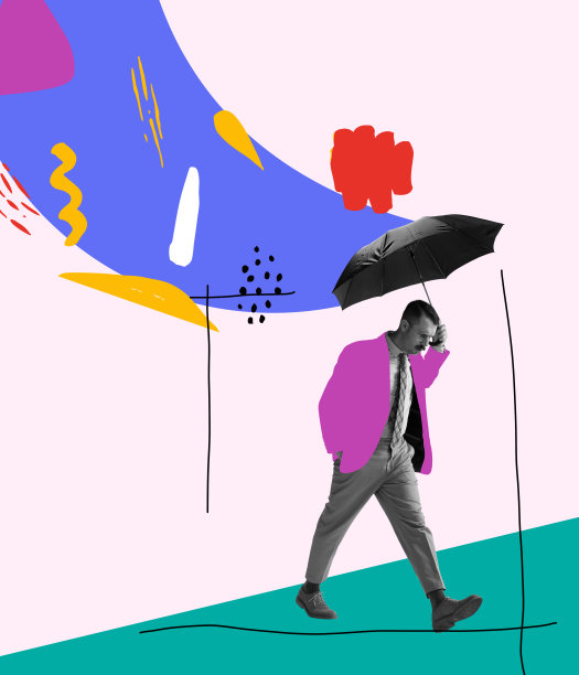 明亮的当代艺术拼贴。创意，复古，复古风格，想象力。悲伤的男人在雨伞下行走，背景是抽象的图画。图片下载
