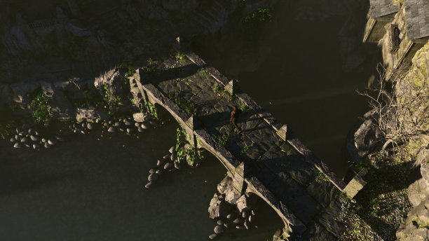 一个穿着卫衣的男子在清晨的阳光下走在一座古堡的桥上。鸟瞰图。3 d渲染。图片下载