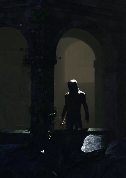 一个穿着卫衣的男人站在一座朦胧的塔上，塔上有一座古老城堡的拱门。3 d渲染。图片下载