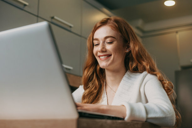 使用笔记本电脑的快乐女商人图片下载