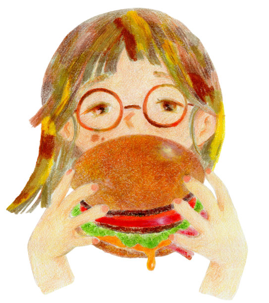 一个戴眼镜的女孩在柔和的氛围中吃汉堡的插图图片下载