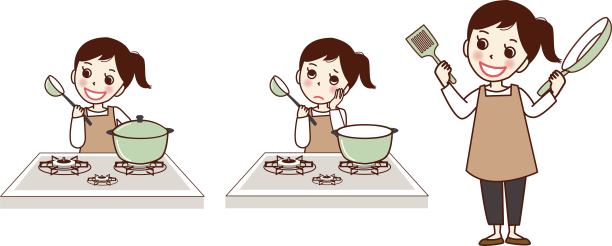 一组插图，一个穿着围裙的微笑的女人在煤气炉上做饭。图片下载