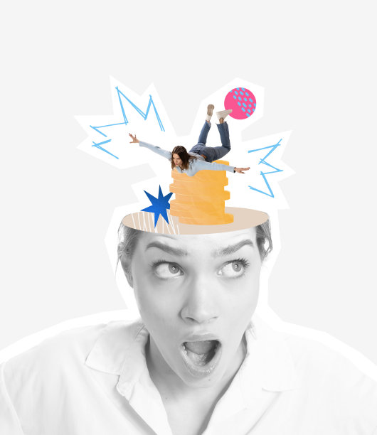 当代艺术拼贴。黑白情感女人的头有发财的五彩梦，躺在硬币上图片下载