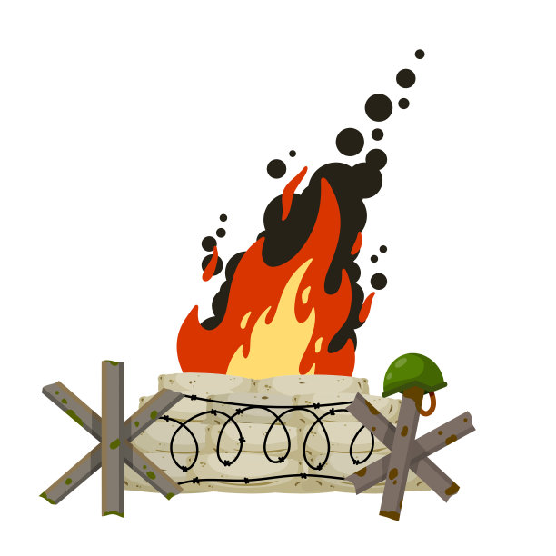 街垒着火了。火焰在沙袋加固。现代战争。战争和攻击。破坏和毁灭。卡通插图图片下载