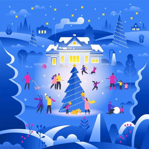 冬季景观，小人走在郊区的街道上，进行户外活动。图片下载