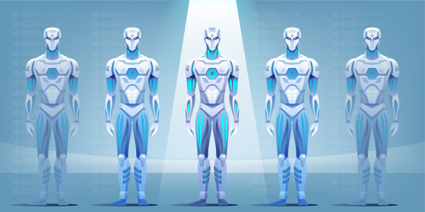 工厂生产半机械人的机器人装配线。图片下载