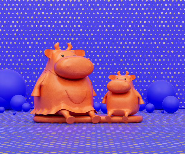 橙色妈妈和孩子猪玩具在紫色的背景，孩子的操场对象，3d渲染图片下载