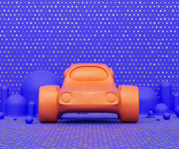 橙色的汽车玩具在紫色的背景，儿童游乐场的对象，3d渲染图片下载