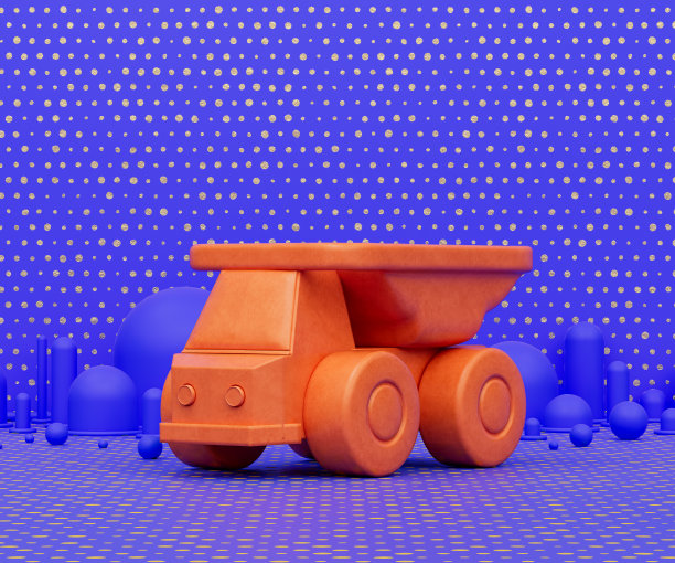 橙色自卸卡车玩具在紫色的背景，儿童游乐场的对象，3d渲染图片下载