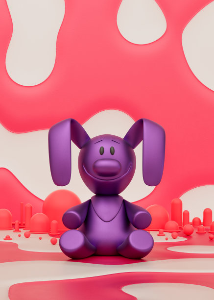 紫色小狗狗玩具在学龄前儿童的粉红色房间，3d渲染图片下载