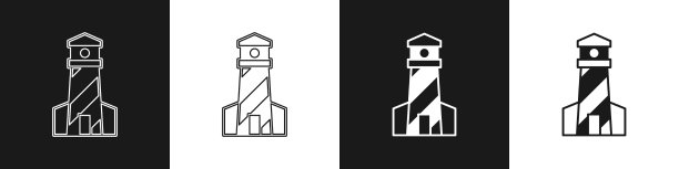 设置灯塔图标孤立在黑色和白色图片下载