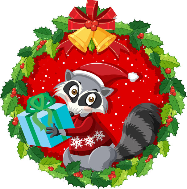 卡通浣熊在圣诞花环孤立图片下载