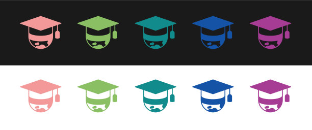 设置毕业帽的全球图标孤立的黑色图片下载