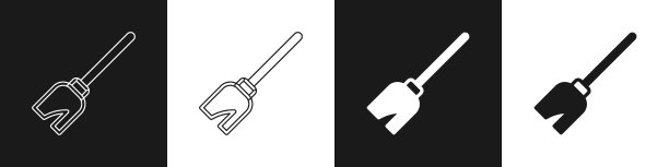 设置巫婆扫帚图标孤立的黑色和白色图片下载