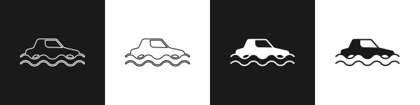 设置洪水车图标孤立在黑色和白色图片下载