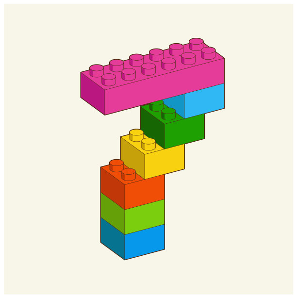 7号来自塑料积木。彩色砖块孤立在白色背景上。向量3 d演示。图片下载