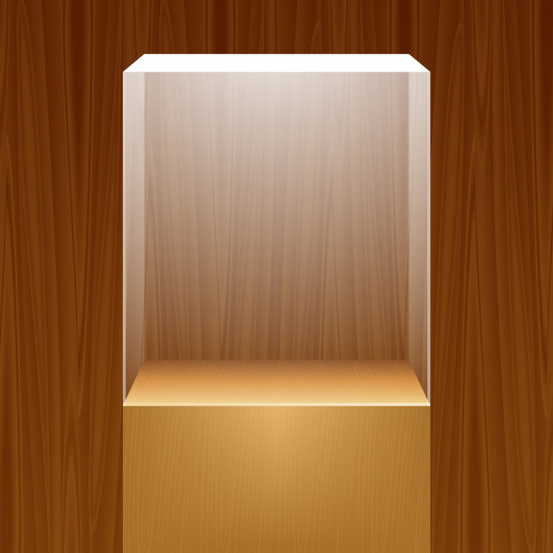 木制背景的空玻璃展柜。图片下载