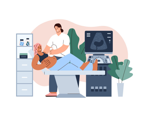 快乐孕妇在超声波检查，白色背景上的扁平矢量图图片下载