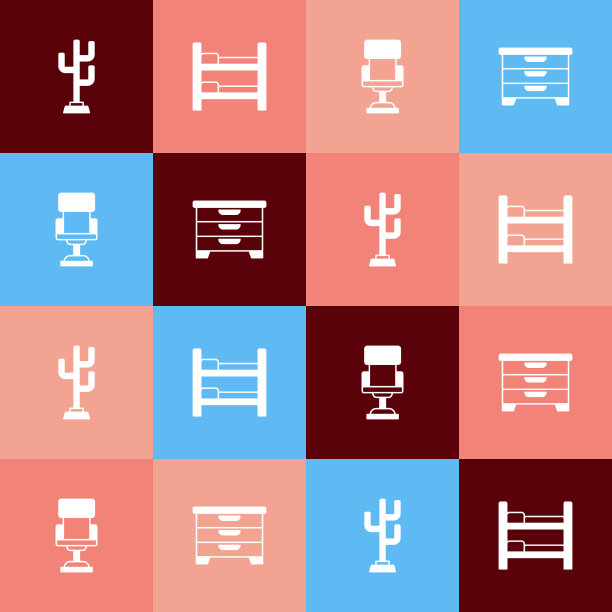 设置流行艺术大衣，站双层床，办公椅和图片下载