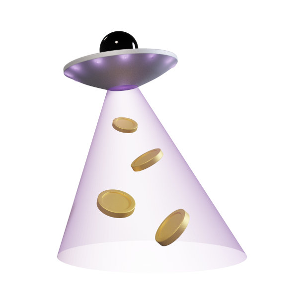 3d外星人飞船与射线。飞碟飞船升起的金币，孤立在白色背景上，3D渲染图片下载